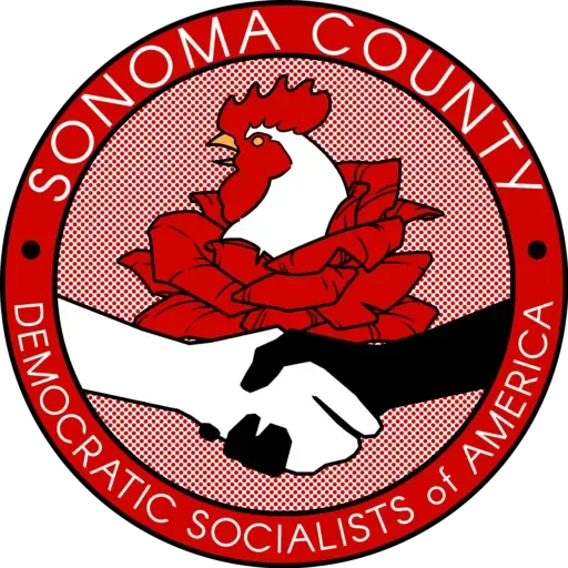 Sonoma County DSA's logo, featuring an interracial handshake in front of a rose, from which the head of a rooster emerges.