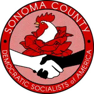 Sonoma County DSA's logo, featuring an interracial handshake in front of a rose, from which the head of a rooster emerges.