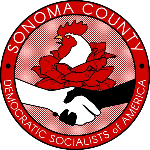 Sonoma County DSA's logo, featuring an interracial handshake in front of a rose, from which the head of a rooster emerges.