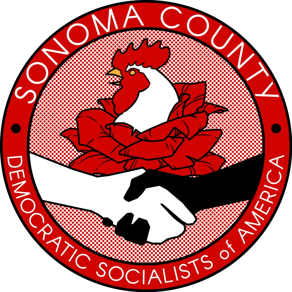 Sonoma County DSA's logo, featuring an interracial handshake in front of a rose, from which the head of a rooster emerges.