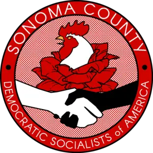 Sonoma County DSA's logo, featuring an interracial handshake in front of a rose, from which the head of a rooster emerges.