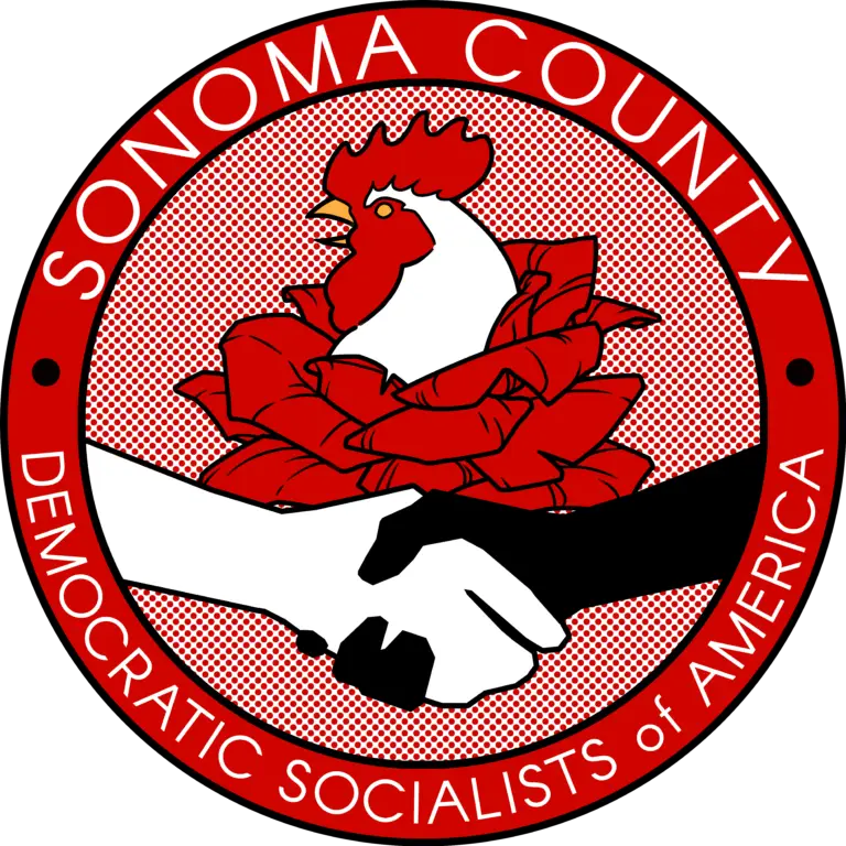 Sonoma County DSA's logo, featuring an interracial handshake in front of a rose, from which the head of a rooster emerges.