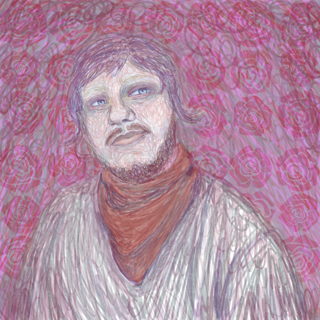 A self-portrait digital drawing of August Smith with a background of roses. They are looking off into the distance.