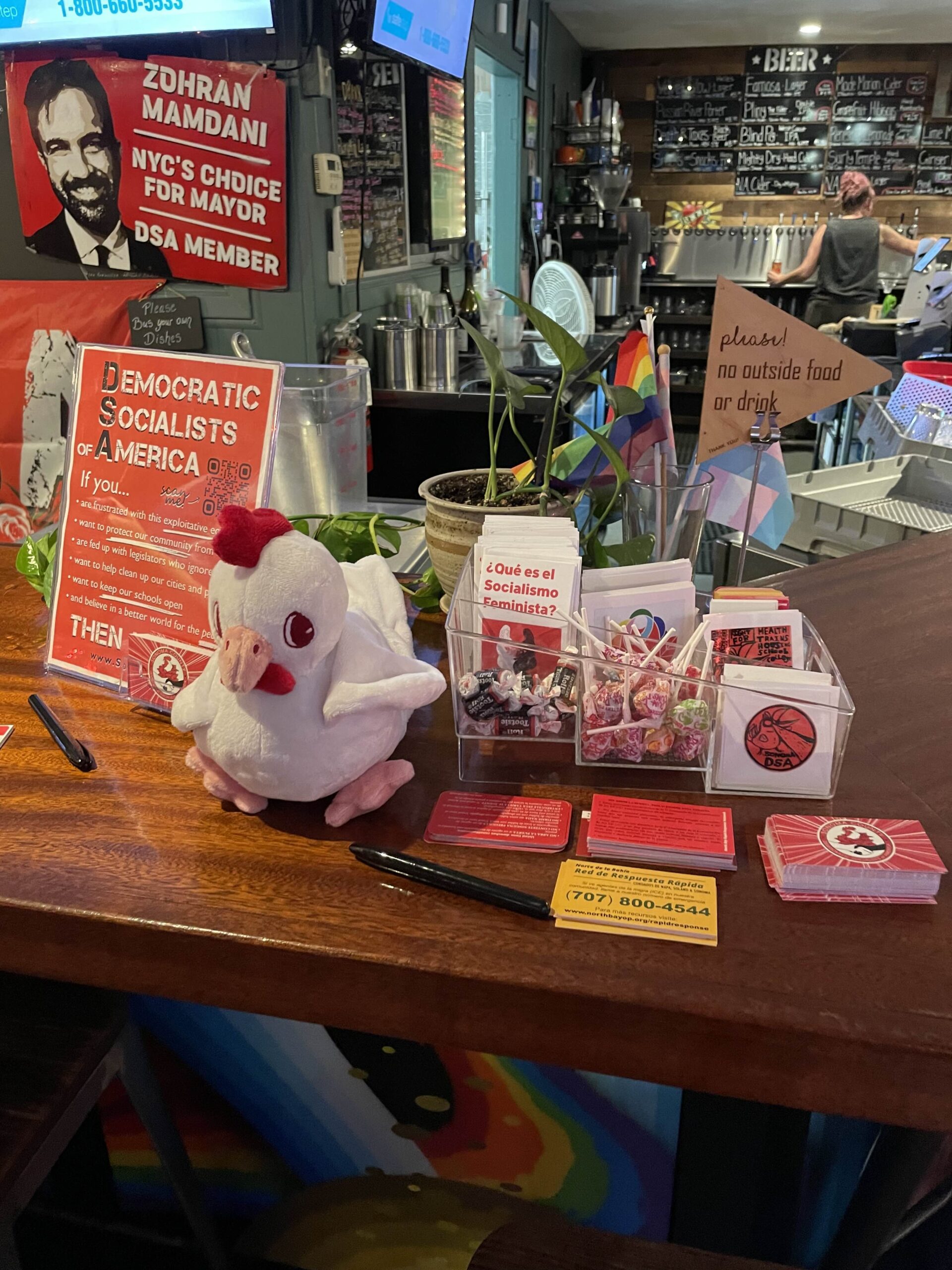 Photo of SoCo DSA paraphernalia, including business cards, resources, and a plushy Rosa the chicken, on the bar at Brew for our Zohran Mamdani watch party.