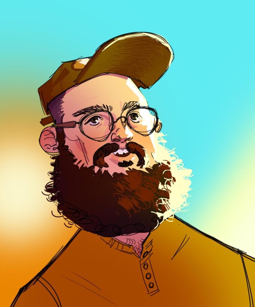An illustration of Nick Cameron, a man with glasses and a large brown beard, smiling in an orange shirt and cap against a bright blue background.