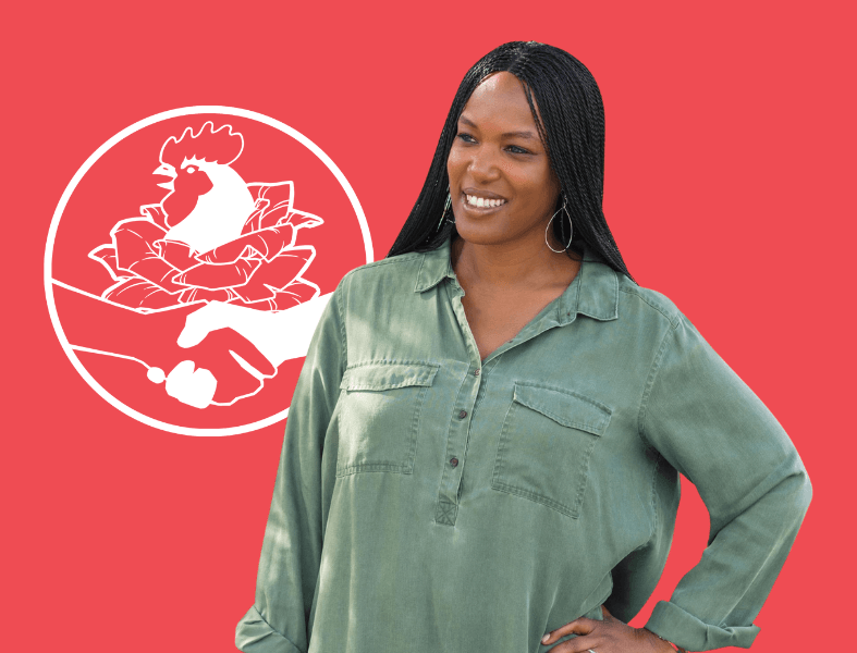 Image of Joanna Paun, a Black woman with microbraids wearing a sage green blouse, smiling in front of a white SoCo DSA logo on a bright coral background.