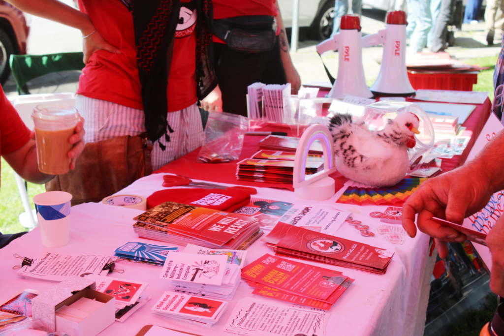 Our members staffing a table full of flyers, brochures, and more, fielding public interest, a stuffed chicken resting on the table.